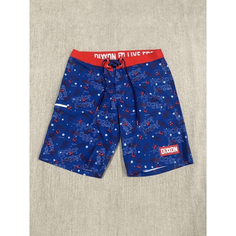 DIXXON Men's Size 34 Board Shorts Swim MOTOR BOATIN' Blue Red White RARE